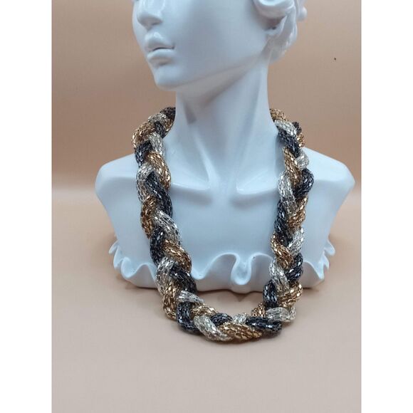 Mesh Chain Silver Gold Tone Black Adjustable Braided Vintage Necklace - Picture 4 of 7